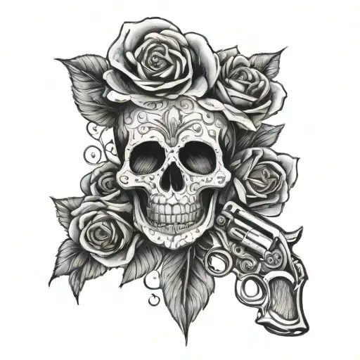 Mexican Sugar Skull With Rose Roses And Crossed Revolvers Behind