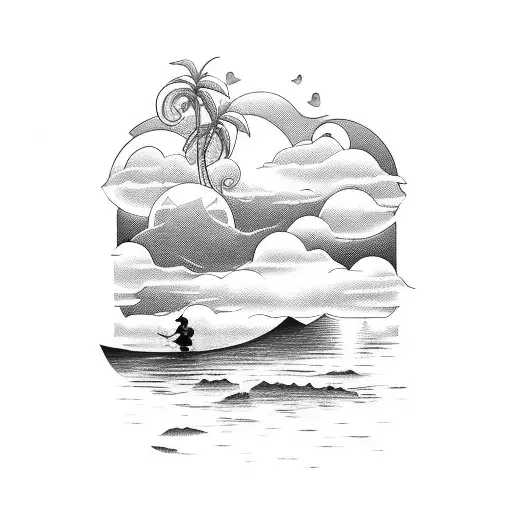 Sunset Scene With Disney Characters In A Tropical Paradise Setting