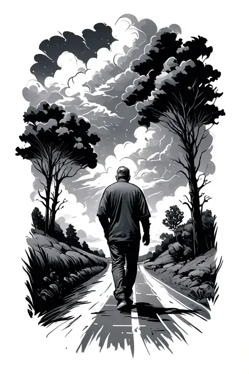 Man Walking Down A Road Into A Thunderstorm