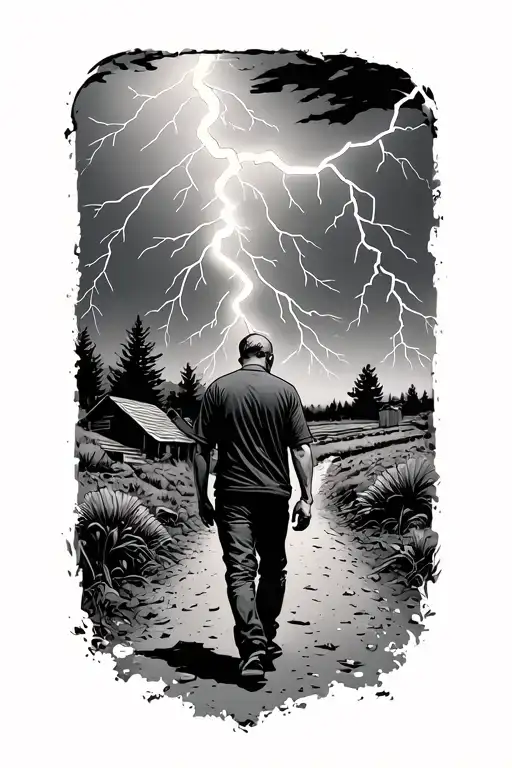 Man Walking Down A Abandoned Road Into A Lightning Storm