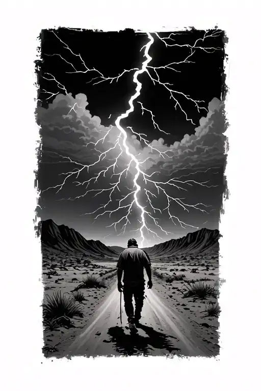 Man Walking Down A Abandoned Desert Road Into A Lightning Storm