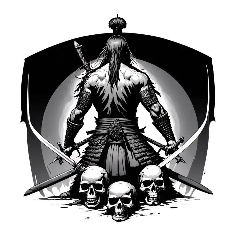 Samurai Who Sacrifice Everything With Swords Stab In Back And Three Skull In His Leg