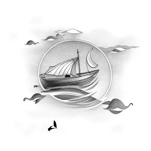 Boat In The Ocean With A Single Bird On It