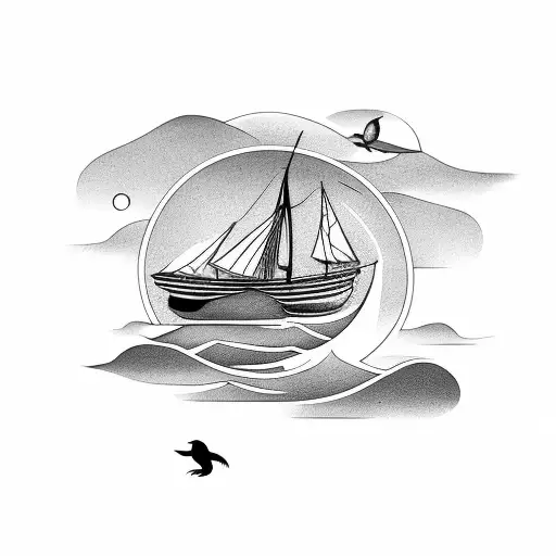 Boat In The Ocean With A Single Bird On It