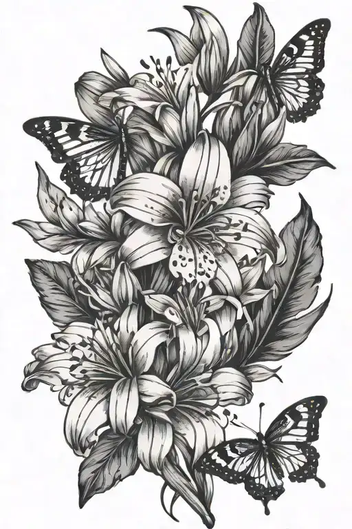 Peruvian Lily Spine Tattoo With Butterflies Flying Minimalist