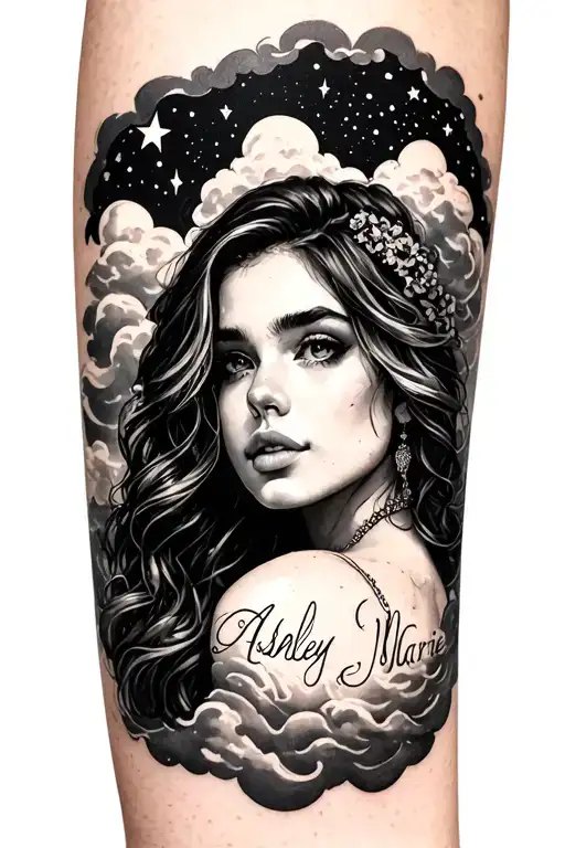 Ashley Marie In Script Surrounded By Clouds And Stars On Forearm