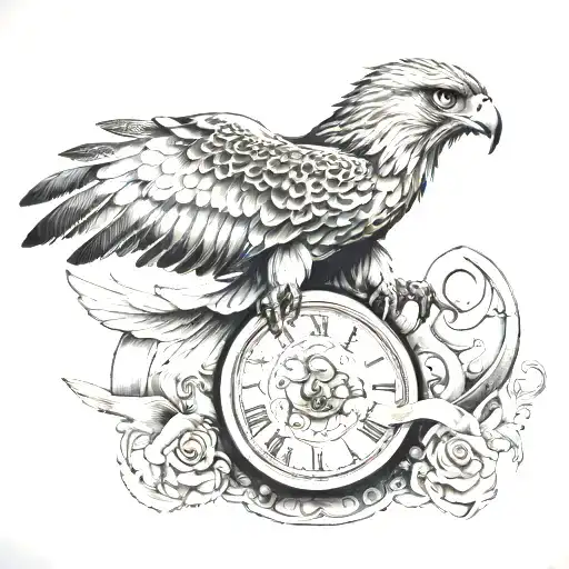 A Hawk Soaring Through The Sky With A Clock And Hourglass In Its Talons