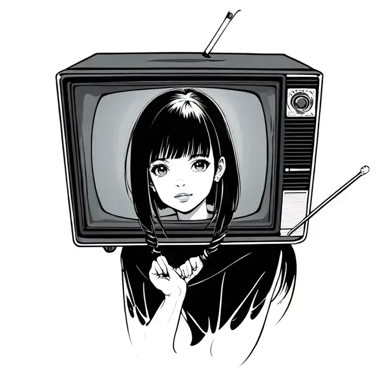 A Tattoo Of An Anime Girl Coming Halfway Out Of A Retro Television