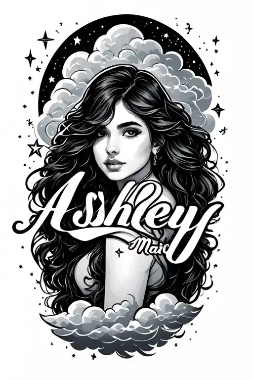 Ashley Marie In Script Font Surrounded By Stars And Clouds In Black And Grey On Forearm