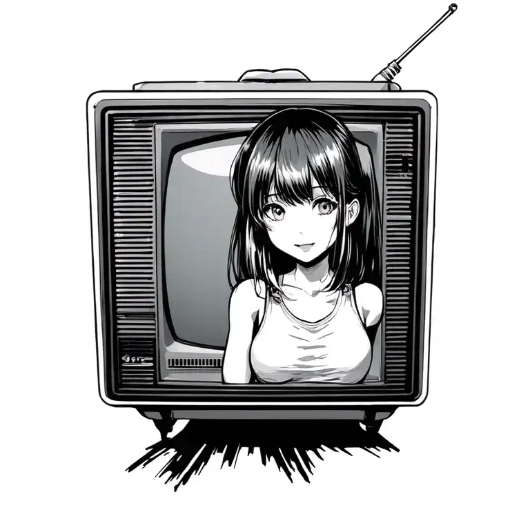 A Tattoo Of An Anime Girl Coming Halfway Out Of A Retro Television