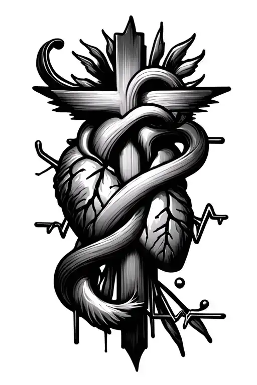 Cross With Heartbeat Line Intertwined
