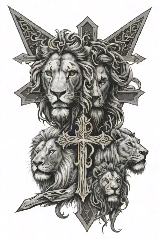 Three Crosses With Half A Lions Face And Jesus Face