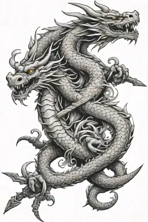 Asian Dragon Intertwined With Sword Intertwined