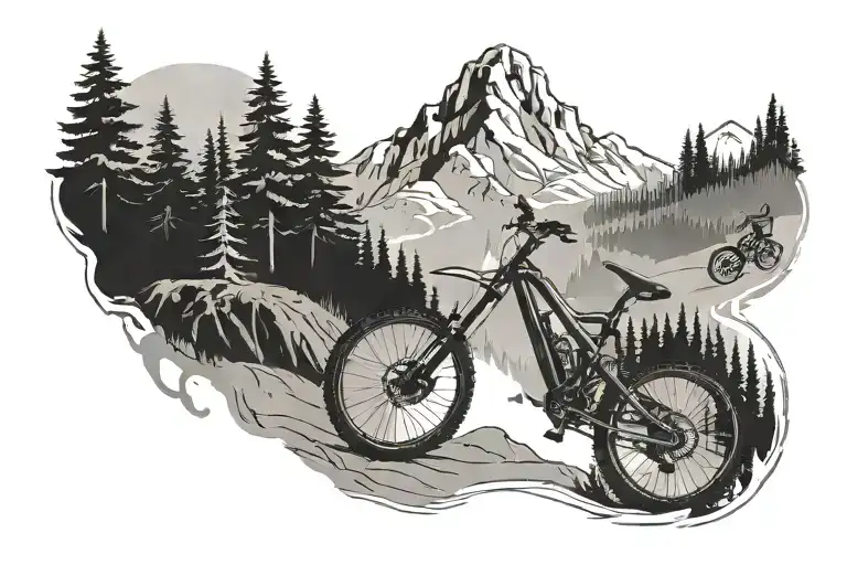 Trees With A Mountain Infront And One Mountain Bike Jumping
