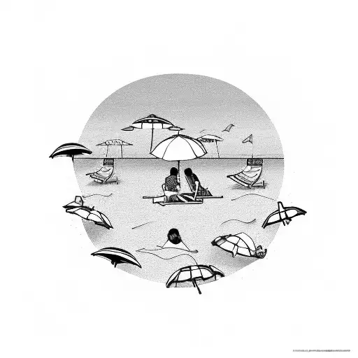 A Beach Scene With Colorful Beach Umbrellas And People Relaxing In The Sun