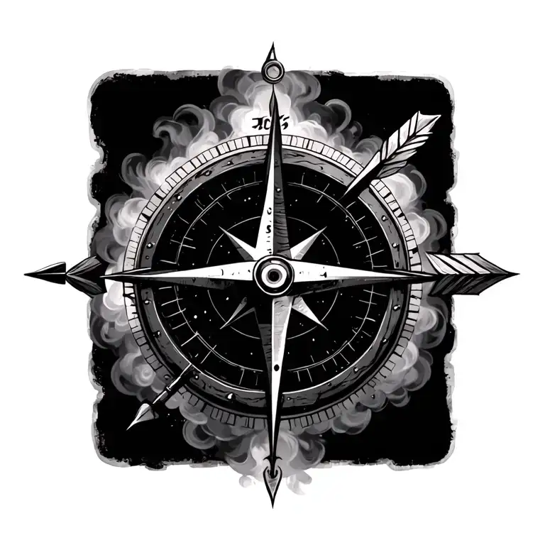Compass With Arrow And Haze With Silhouette