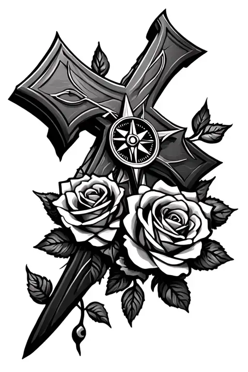 Cross In Forfront With A Compass With Roses Intertwined