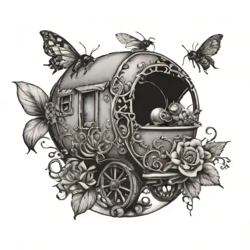Back Of Gypsy Wagon With Vines And Flowers All Around It And 3 Bees Inside A Crystal Ball