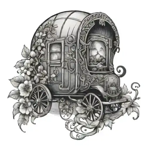 Gypsy Wagon With Vines And Flowers And Thorbs All Around It And 3 Bees Inside A Crystal Ball