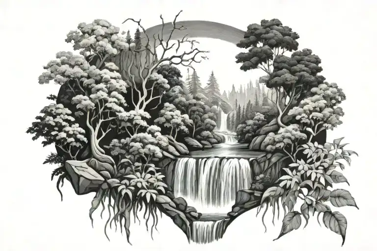 Trees And Waterfall Surrounded By Lush Greenery
