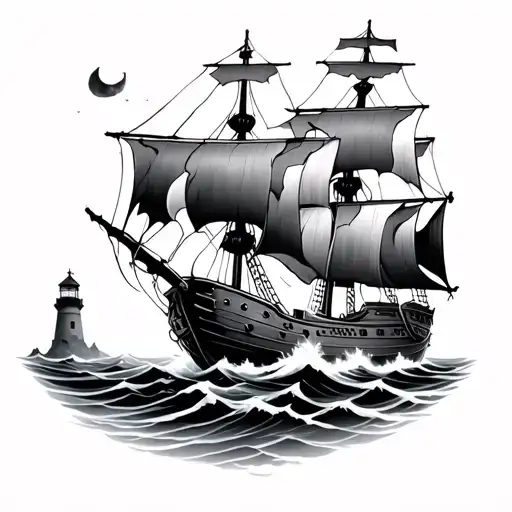 Battered Pirate Ship Sailing Through Stormy Sea Guided By A Faint Lighthouse