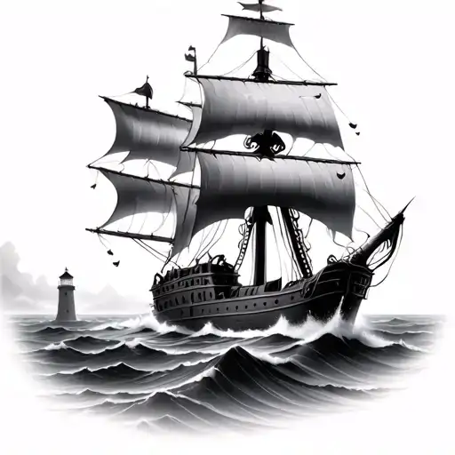 Realistic Battered Pirate Ship Sailing Through Stormy Sea Guided By A Faint Lighthouse