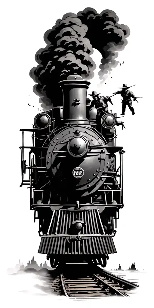 Old Locomotive Coming Out Of A Tunnel Being Robbed By Bandits