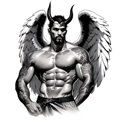Muscled Man With Angel Eings Devil Horns And A Tattooed Body
