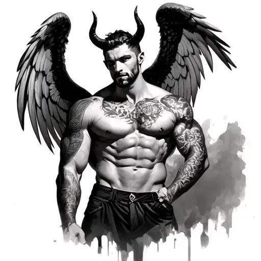 Muscled Man With Angel Eings Devil Horns And A Tattooed Body