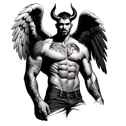 Muscled Man With Angel Eings Devil Horns And A Tattooed Body