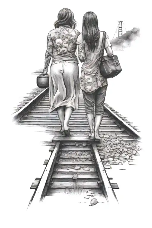 Mom And Young Daughter Walking Down A Train Track
