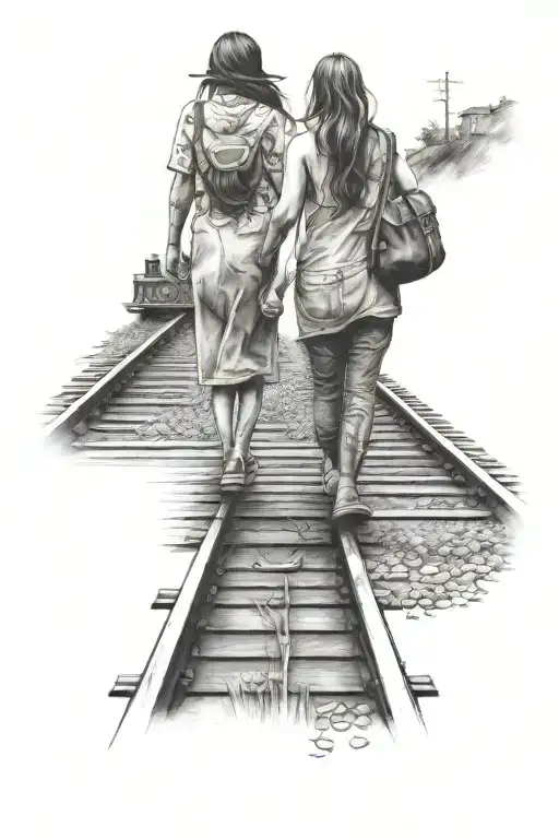Mom And Young Daughter Walking Down A Train Track