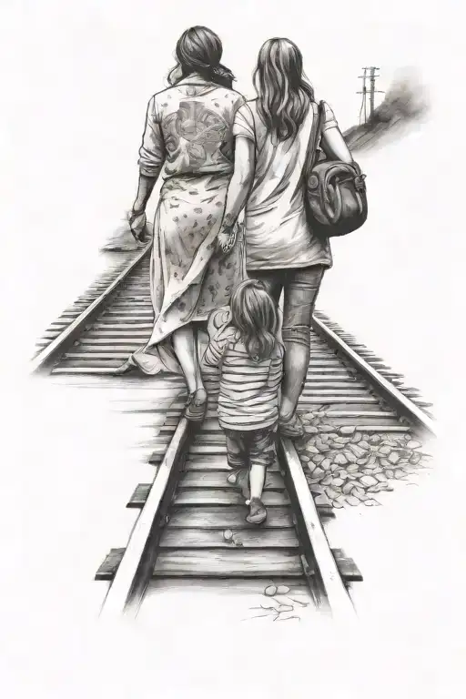 Mom And Very Young Daughter Walking Down A Train Track