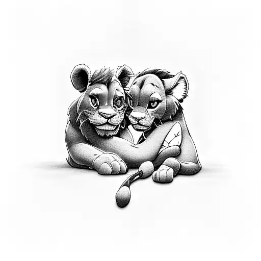 A Black-grey Tattoo Of Simba And Nala Cuddling With A Sunset Background