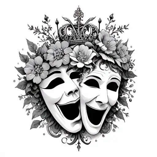 Intricate Tragedy And Comedy Theater Masks With Flowers And A Crown