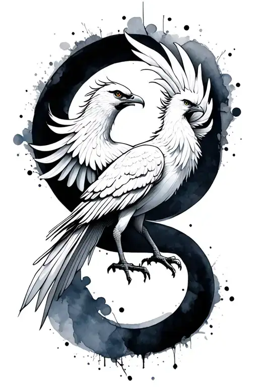 Minimalist Phoenix Standing In A Cercle With Watercolor Blotch