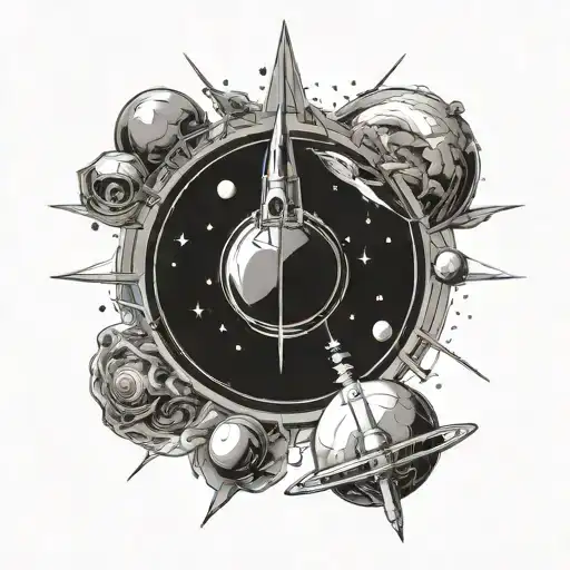 Solar System And Rocket And Astronaut And Compass Rose