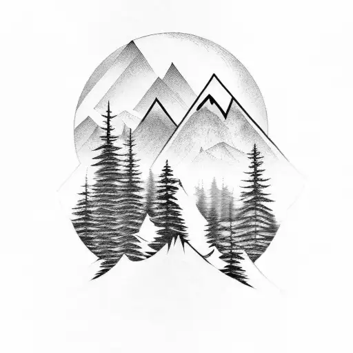 Forest With Mountains In Background And Wolf Silhouette On Top Of A Mountain