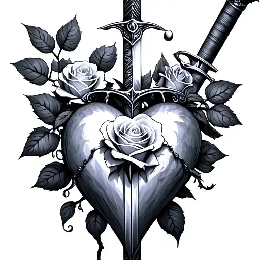 Rose And Stem That's A Sword Piercing A Heart