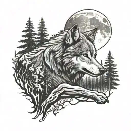Wolf In Moonlight Forest