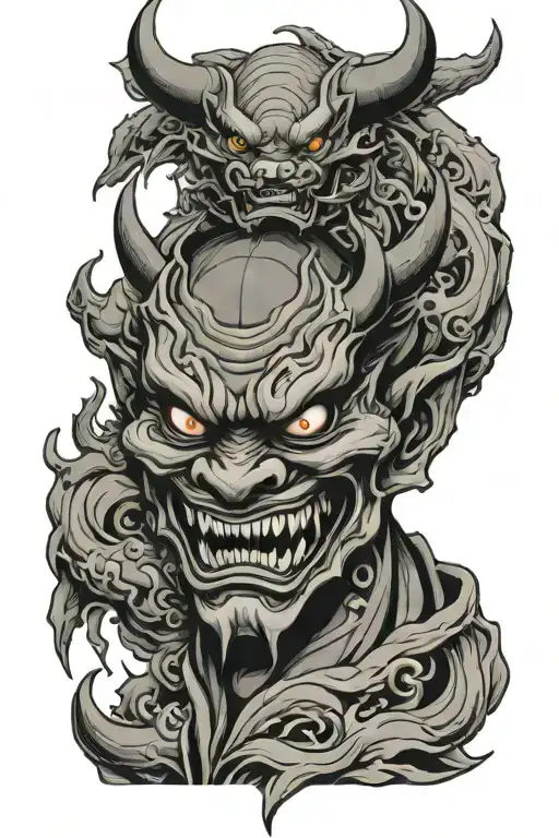 Snarling Hannya Mask Squinted With Traditional Female In The Center