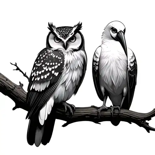 Owl And Ibis On Opposite Sides Of A Branch