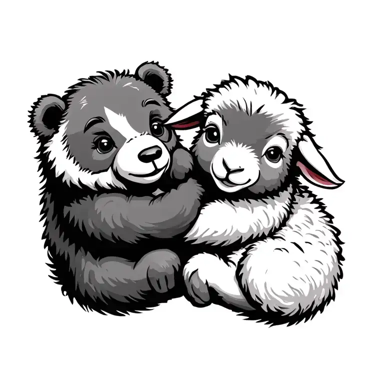 Baby Bear Hugging Baby Lamb