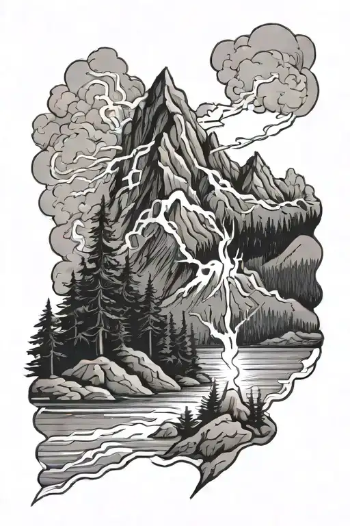 Mountain With Trees Water And Lightning Bolt