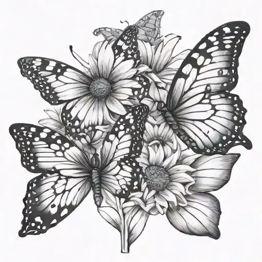 3 Butterflies And Daisy Flower