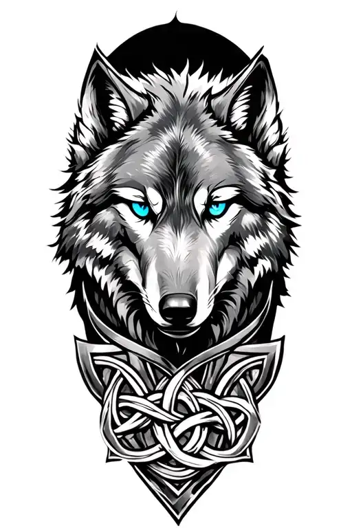 Wolf With Blue Eyes On Armor Tattoo Design Featuring Celtic Trinity Knot