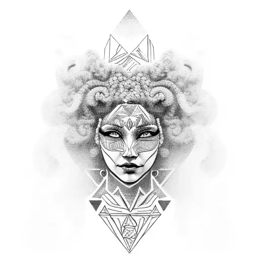 Curly Haired Amazonian Warrior Woman With Geometric Patterns On Face