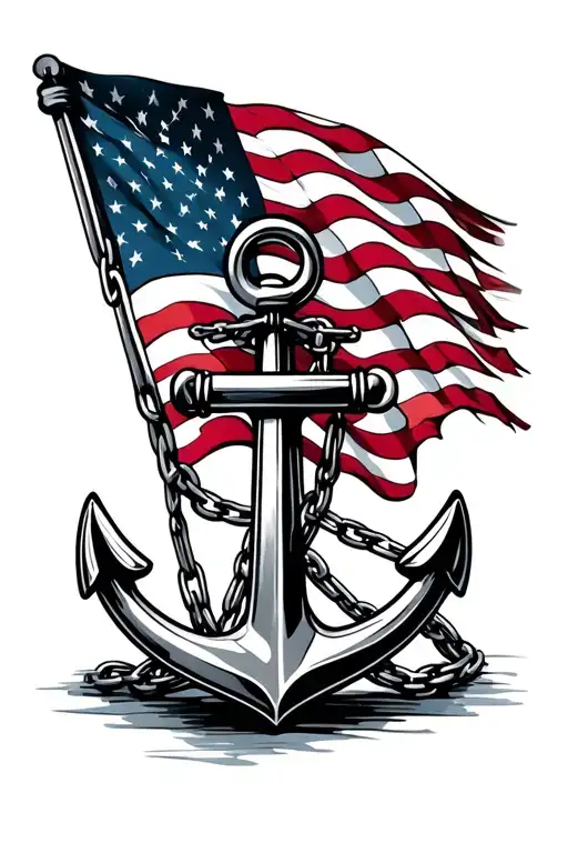 Us Navy Anchor With Chain Around The Anchor With An American Flag As The Background