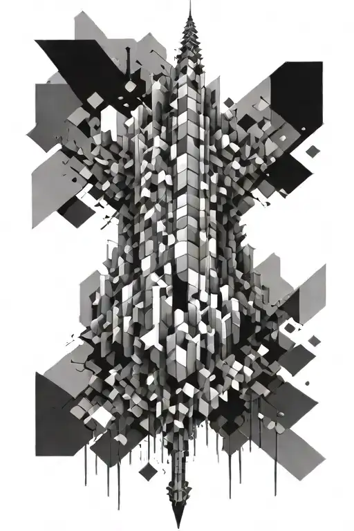 Abstract Tattoo Depicting A Floating Tower Made Of Lots Of Small Squares That Collapses Downward