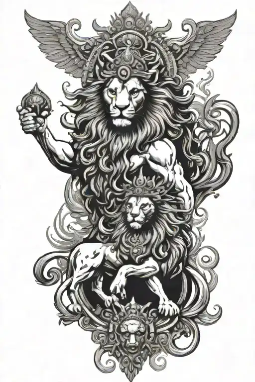 Lion With A Crown And Phoenix Bird Surrounded And Lord Shiva Holding Trisul With Sitting On Bull